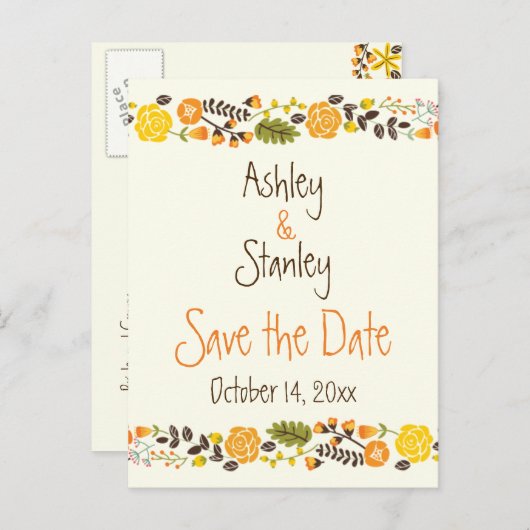 オレンジ、黄色縁どのフローラ結婚式の日付を保存 案内ポストカード (正面/裏面)