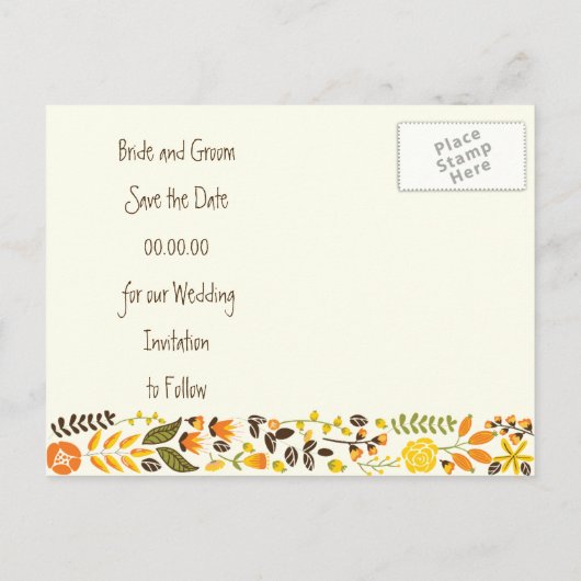 オレンジ、黄色縁どのフローラ結婚式の日付を保存 案内ポストカード (裏面)