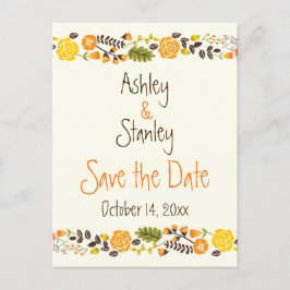 オレンジ、黄色縁どのフローラ結婚式の日付を保存 案内ポストカード