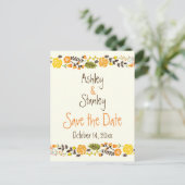 オレンジ、黄色縁どのフローラ結婚式の日付を保存 案内ポストカード (スタンド正面)