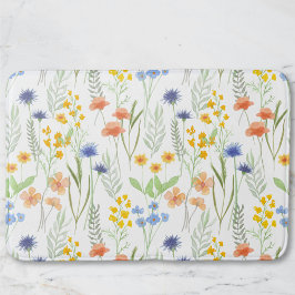 オレンジ 黄色 青 水彩画 野の花 バスマット
