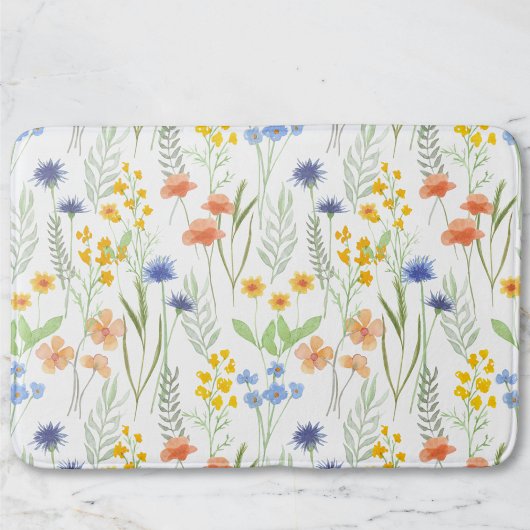 オレンジ 黄色 青 水彩画 野の花 バスマット