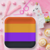 オレンジ、黄、紫、黒の各ストライプ色 ペーパープレート (パーティー)