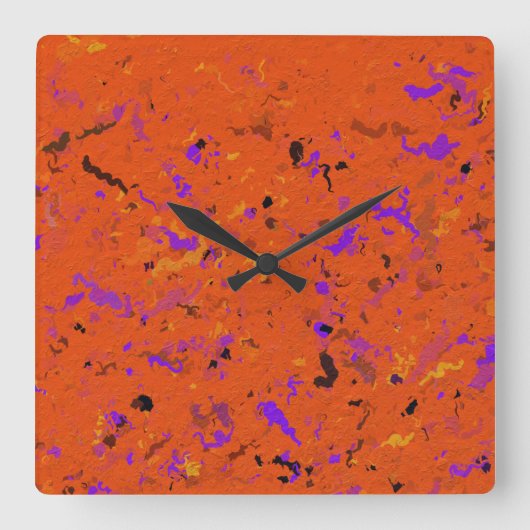 オレンジ、黄、紫、黒の抽象芸術 スクエア壁時計 (正面)