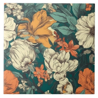 オレンジ、黄、緑のかわいらしフローラ タイル