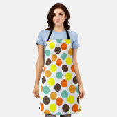 オレンジ、黄、茶、青のドット エプロン (着用した状態)