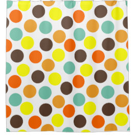 オレンジ、黄、茶、青のドット シャワーカーテン