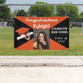 オレンジ、黒、白のビニールの卒業写真 横断幕