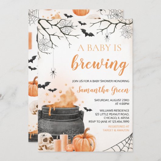 オレンジAベビーがハロウィーンのベビースシャワーを醸造している 招待状 (正面/裏面)