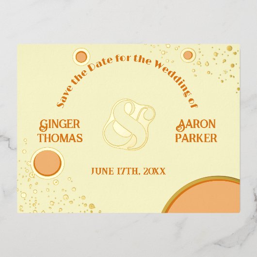 オレンジGroovyレトロ結婚式の日付を保存 箔招待状ポストカード (正面)