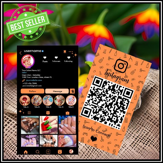 オレンジInstagramネイルサロンQRコードソーシャルメディア 名刺