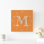 オレンジwccnのモノグラムホワイトスクリプト番号 スクエア壁時計 (ホーム)