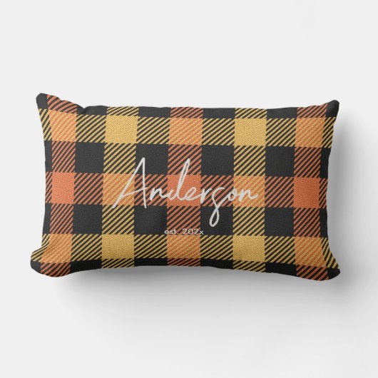 オレンスタイリッシュジイエローブラック秋カラープレイド ランバークッション (正面)