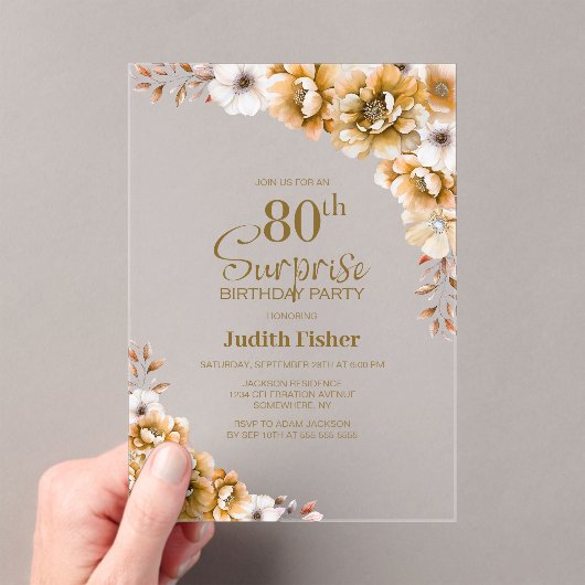 オレンスタイリッシュジフローラサプライズ80thバースデーパーティー アクリル招待状 (インサイチュ (ポータブル))