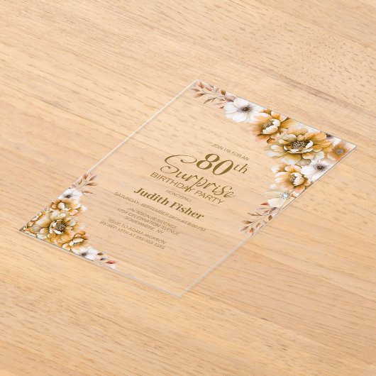 オレンスタイリッシュジフローラサプライズ80thバースデーパーティー アクリル招待状 (レイダウン)