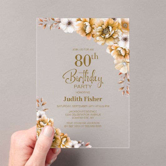 オレンスタイリッシュジフローラ80th誕生日パーティー アクリル招待状 (インサイチュ (ポータブル))