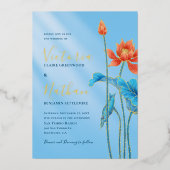 オレンスタイリッシュジロータスフラワーブルー結婚ズ 箔招待状 (正面)