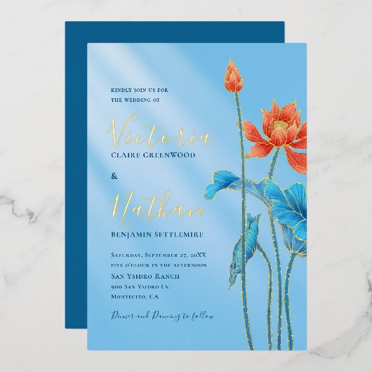 オレンスタイリッシュジロータスフラワーブルー結婚ズ 箔招待状 (正面/裏面)