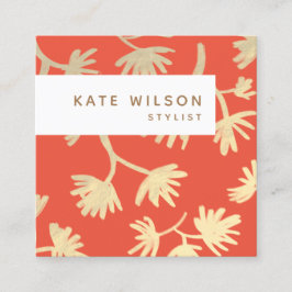 オレンスタイリッシュジ金ゴールド花柄 スクエア名刺