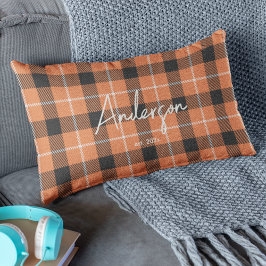 オレンスタイリッシュジ&ブラック秋カラープレイド ランバークッション