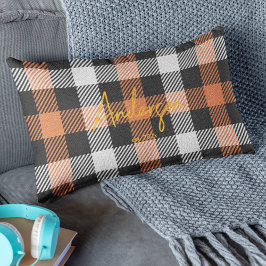 オレンスタイリッシュジ&ブラック秋カラープレイド ランバークッション