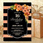 オレンストライプのジフローラ16th誕生日パーティー 招待状<br><div class="desc">オレンジフローラブラックストライプの16th誕生日パーティーの招待。</div>