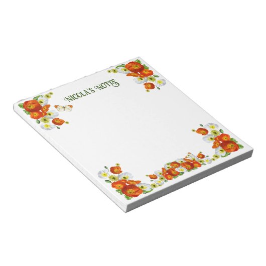 オレンパーソナライズされたかわいらしジとホワイトのカスタムポピー ノートパッド (アングル)