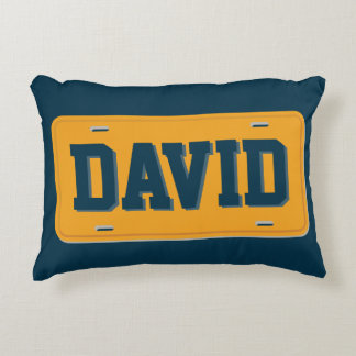 オレンパーソナライズされたジとネイビーブルーライセンスプレート アクセントクッション