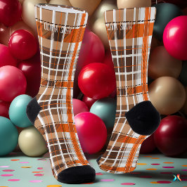 オレンパーソナライズされたジとブラウンタータンチェックのプレイドカスタム ソックス