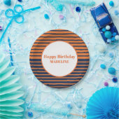 オレンパーソナライズされたジネイビーブルーストライプの誕生日 ペーパープレート (パーティー)