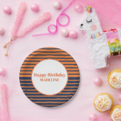 オレンパーソナライズされたジネイビーブルーストライプの誕生日 ペーパープレート (パーティー)