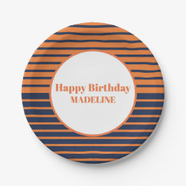 オレンパーソナライズされたジネイビーブルーストライプの誕生日 ペーパープレート