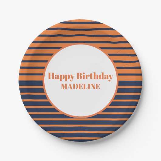 オレンパーソナライズされたジネイビーブルーストライプの誕生日 ペーパープレート (正面)