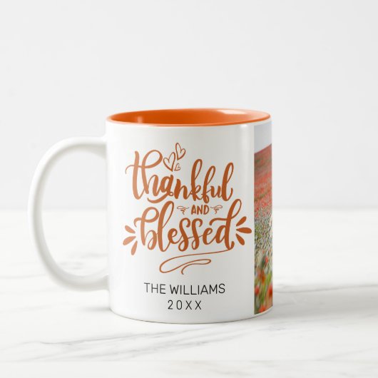 オレンパーソナライズされたジ感謝賛美と写真 ツートーンマグカップ (左)