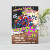 オレンパーソナライズされたジ&ブルーモンスタートラック誕生日 招待状 (スタンド正面)