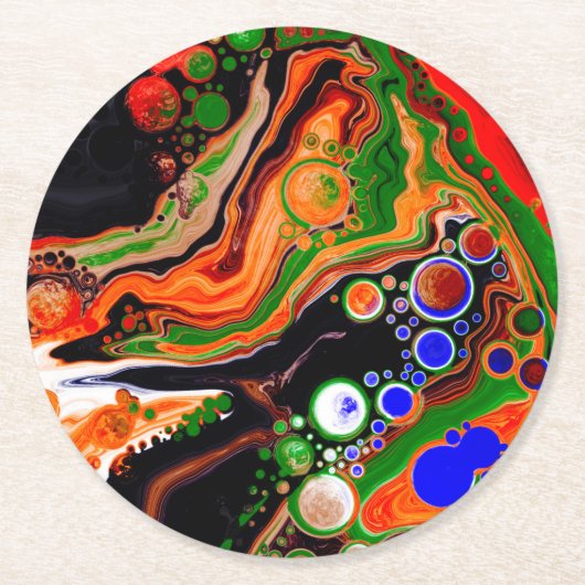 オレンパーソナライズされたジ、ブルー、グリーン、ブラック流体アート ラウンドペーパーコースター (正面)