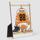 オレンパーソナライズされたジ&ホワイトアイスホッケージャージー フォトプラーク (側面)