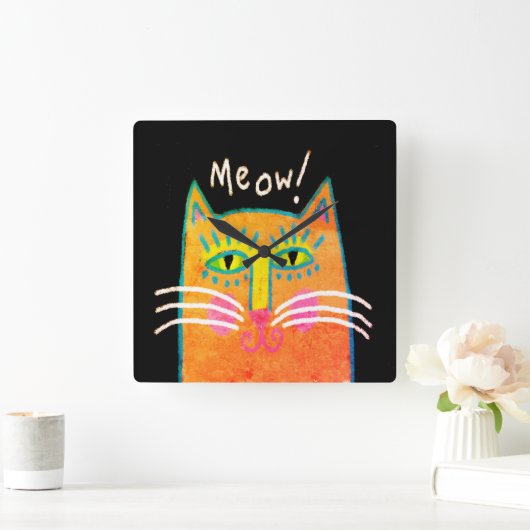 オレンファンキージキャット抽象芸術アート スクエア壁時計 (ホーム)