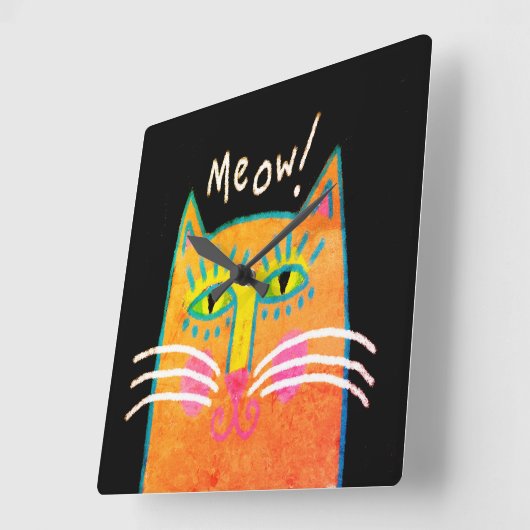 オレンファンキージキャット抽象芸術アート スクエア壁時計 (傾斜)