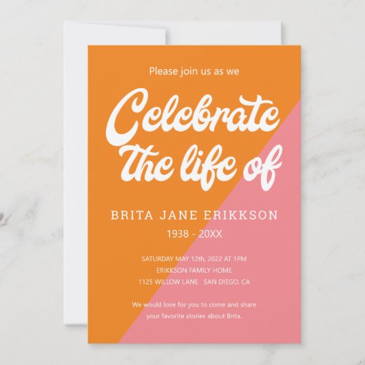 オレンファンキージピンクレトロお祝いの写真 招待状 (正面)