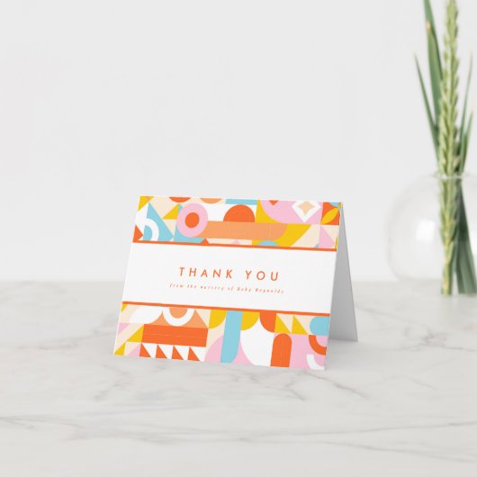 オレンファンキーモダンジ小さな人間のShindig赤ちゃんシャワー サンキューカード (正面)
