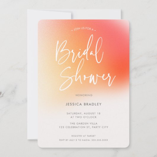 オレンモダンはっきりしたジピンク勾配ブライダルシャワー 招待状 (正面)