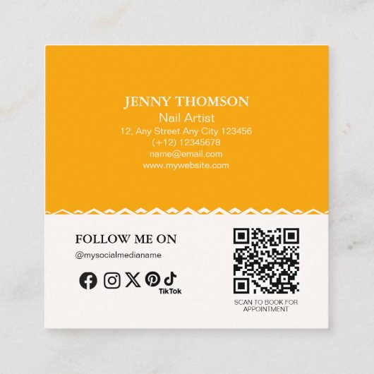 オレンモダンエレガントジホワイトフローラネイルアーティスト スクエア名刺 (裏面)