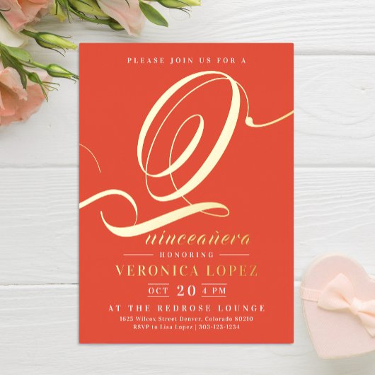 オレンモダンエレガントジレッド15thキンセアニラパーティー 箔招待状