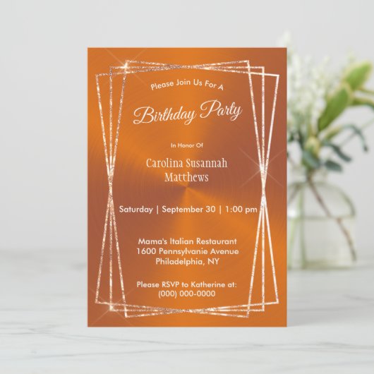 オレンモダンジグリッターフレーム誕生日 招待状 (スタンド正面)