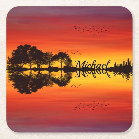 オレンモダンジサンセットギタリスト名水彩 スクエアペーパーコースター (正面)