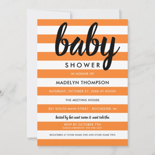 オレンモダンジストライプズのハロウィーンベイビーシャワー 招待状 (正面)