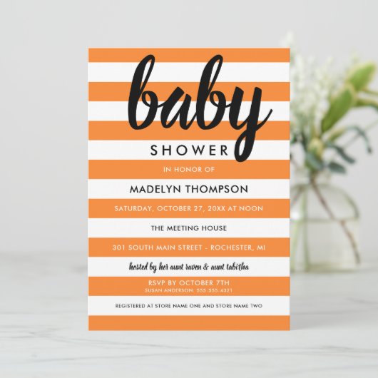 オレンモダンジストライプズのハロウィーンベイビーシャワー 招待状 (スタンド正面)