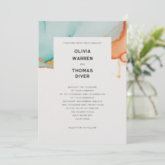 オレンモダンジティール（緑がかった色）ミニマル金ゴールド秋の結婚式 招待状 (スタンド正面)