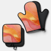 オレンモダンジピンクと金ゴールド抽象芸術贅沢 –  鍋つかみ&鍋敷きセット (正面/裏面)